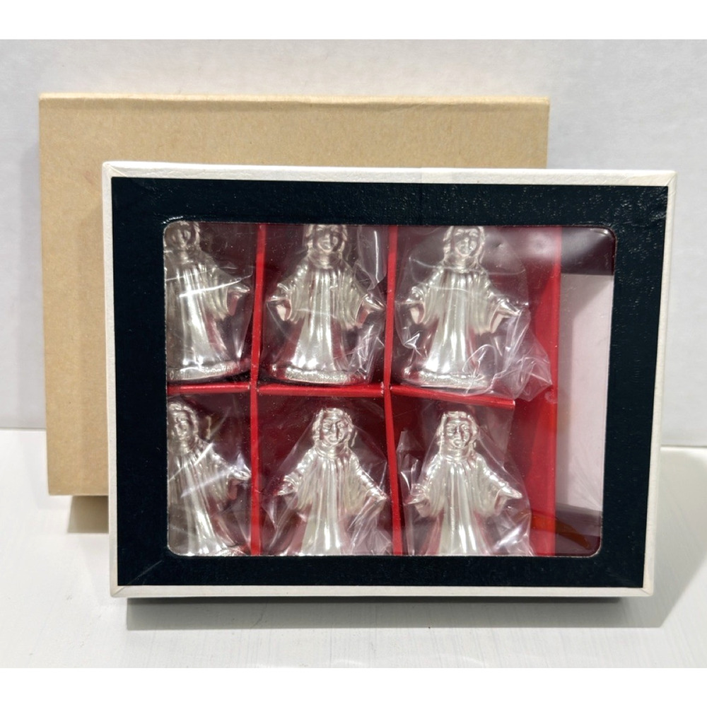 Vintage Set of 6 Metal Angel Place Card Holders Silvertone Gold Wings Japan